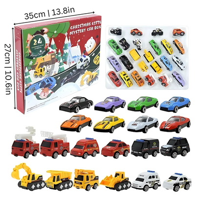 Holiday Countdown Calendar 24 Mini Vehicles Daily Reveal December Surprise Box Kids 10 in Multi-Theme Play Set Christmas Gift Children Toy