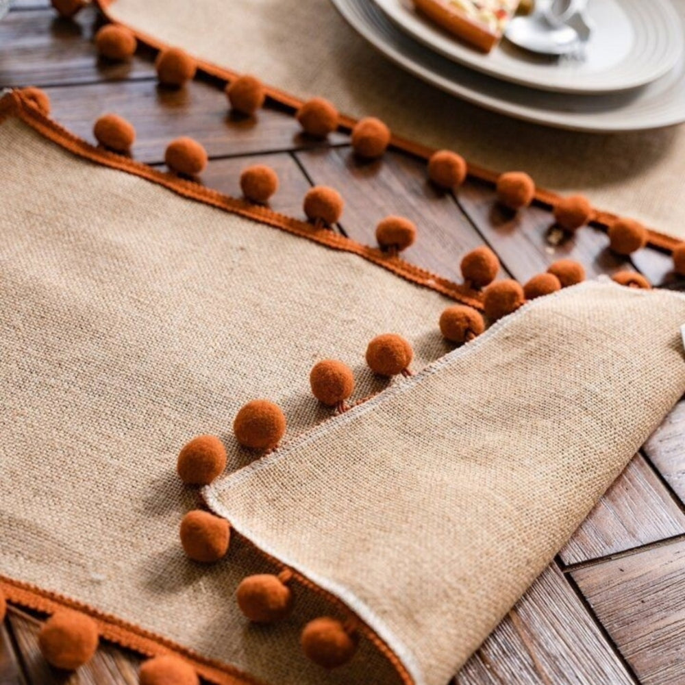 Juno Table Runner - Jute with Orange Pom-Pom Trim, Bohemian Style for Fall Decor
