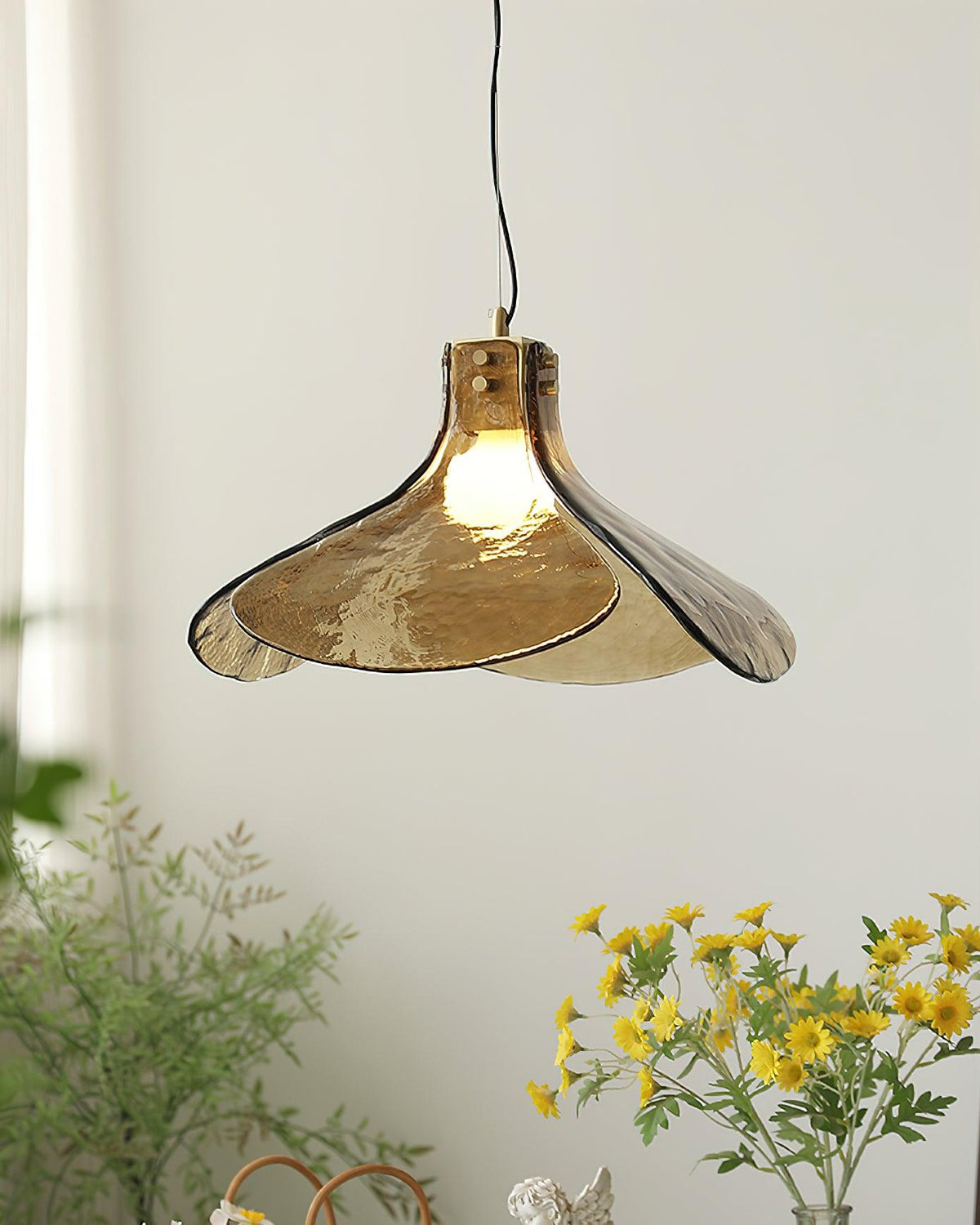 Glass Leaf Ceiling Fixture E27 Bronze Frame Adjustable Drop Cord Ambient Overhead Lighting for Dining Tables Kitchen Counter Modern Home