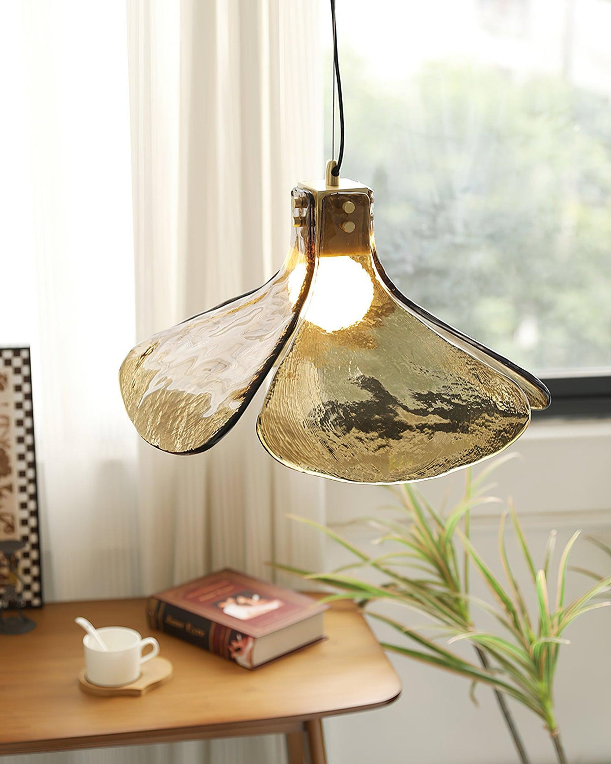 Glass Leaf Ceiling Fixture E27 Bronze Frame Adjustable Drop Cord Ambient Overhead Lighting for Dining Tables Kitchen Counter Modern Home