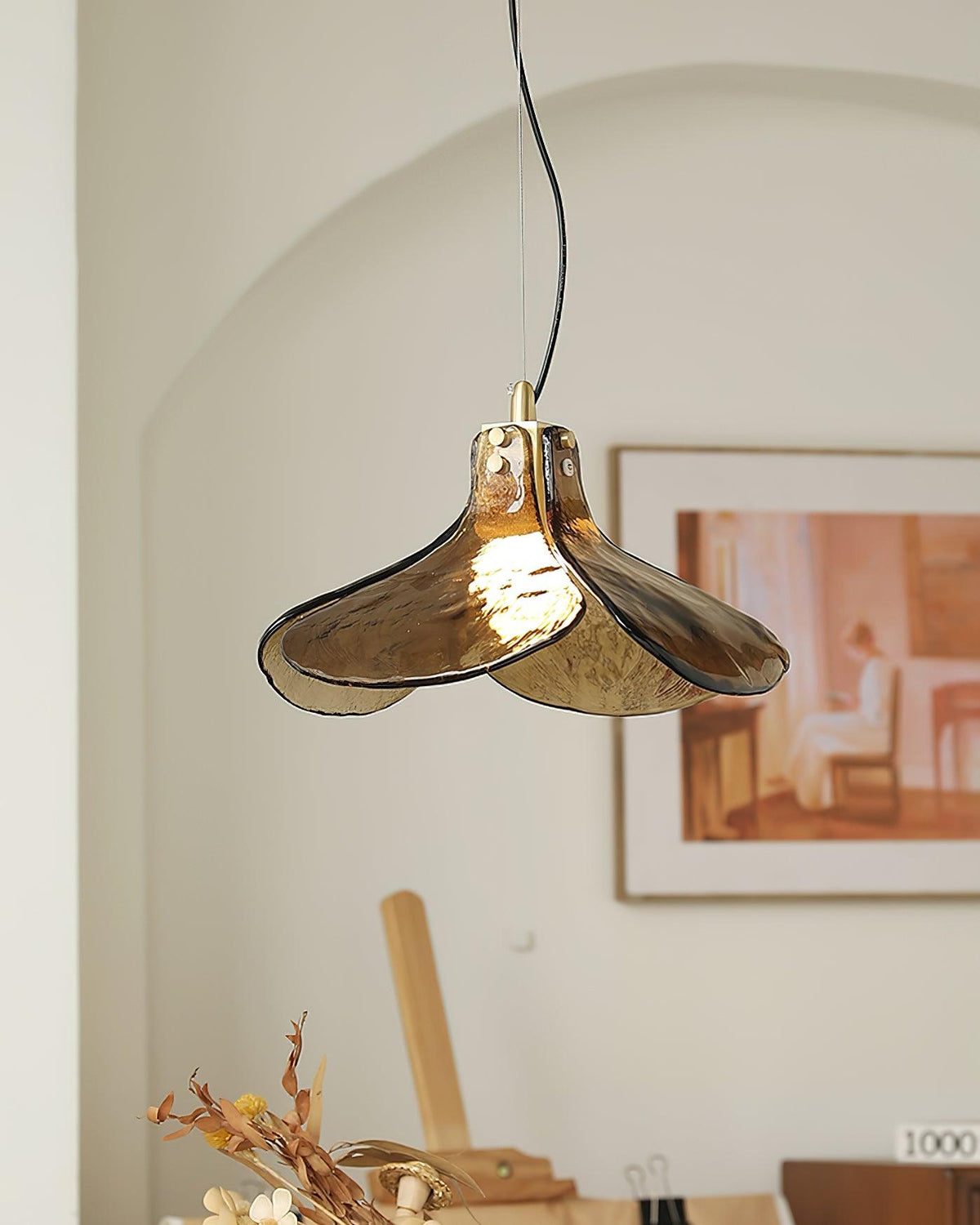 Glass Leaf Ceiling Fixture E27 Bronze Frame Adjustable Drop Cord Ambient Overhead Lighting for Dining Tables Kitchen Counter Modern Home