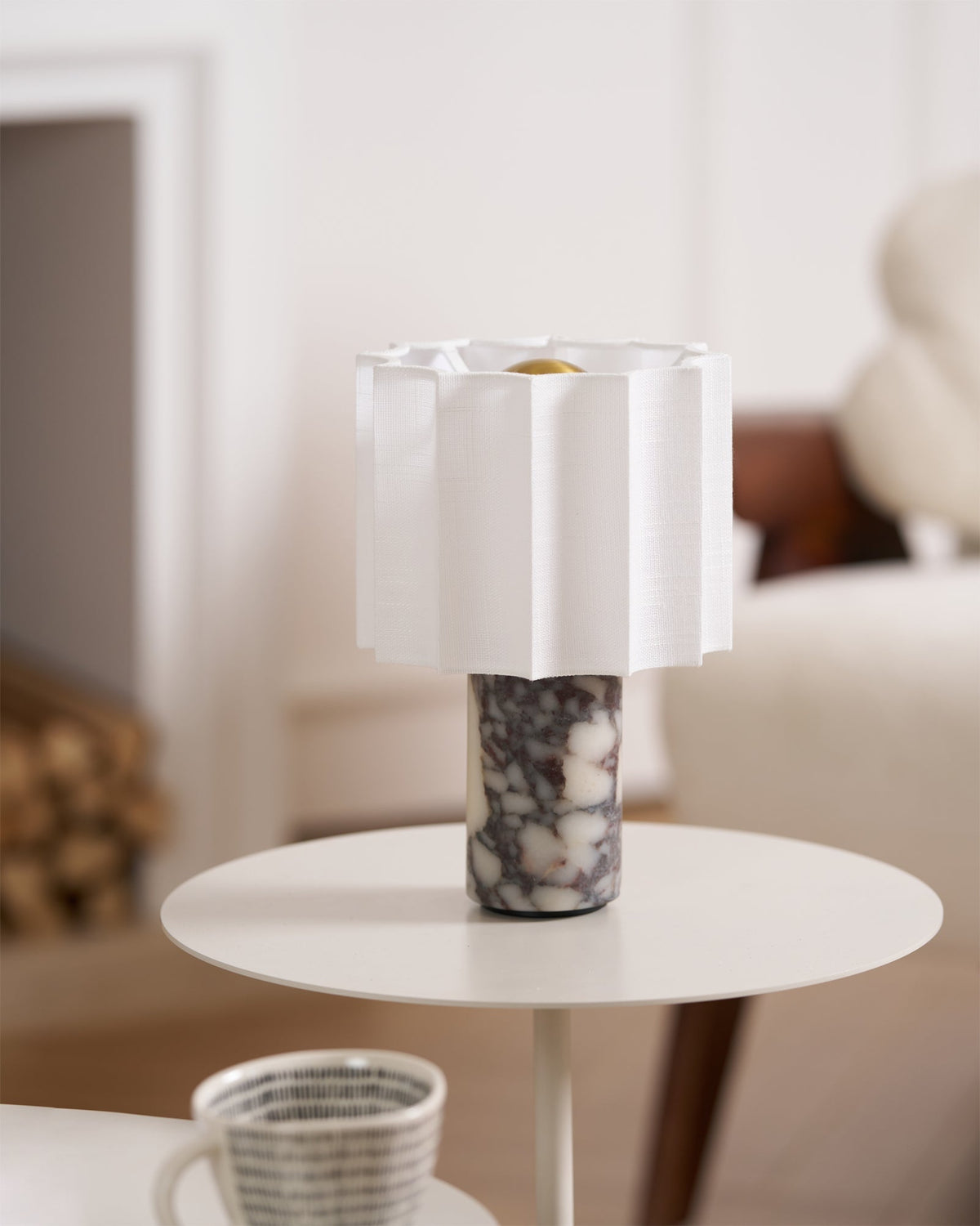 Cordless Marble Accent Lamp with Rechargeable Battery 11-Inch Tall White Beige Fabric Shade LED Desk Light for Bedroom Office Nightstand Por