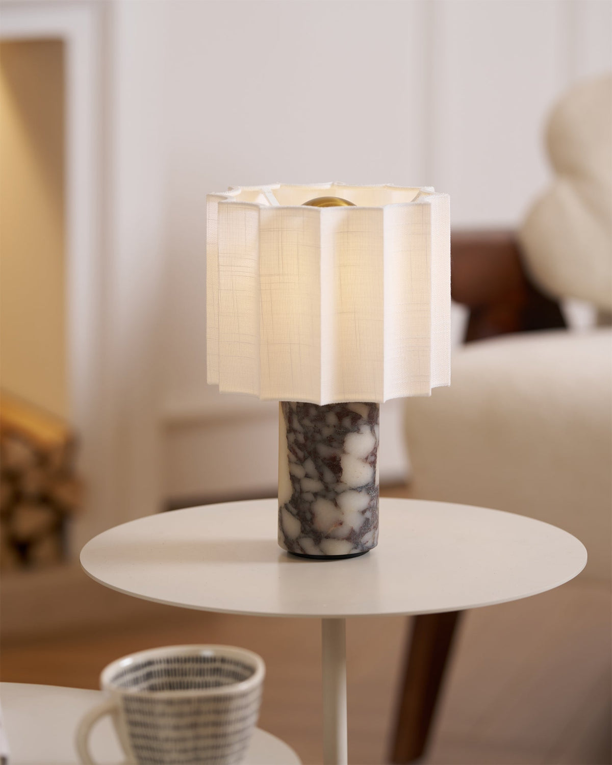 Cordless Marble Accent Lamp with Rechargeable Battery 11-Inch Tall White Beige Fabric Shade LED Desk Light for Bedroom Office Nightstand Por