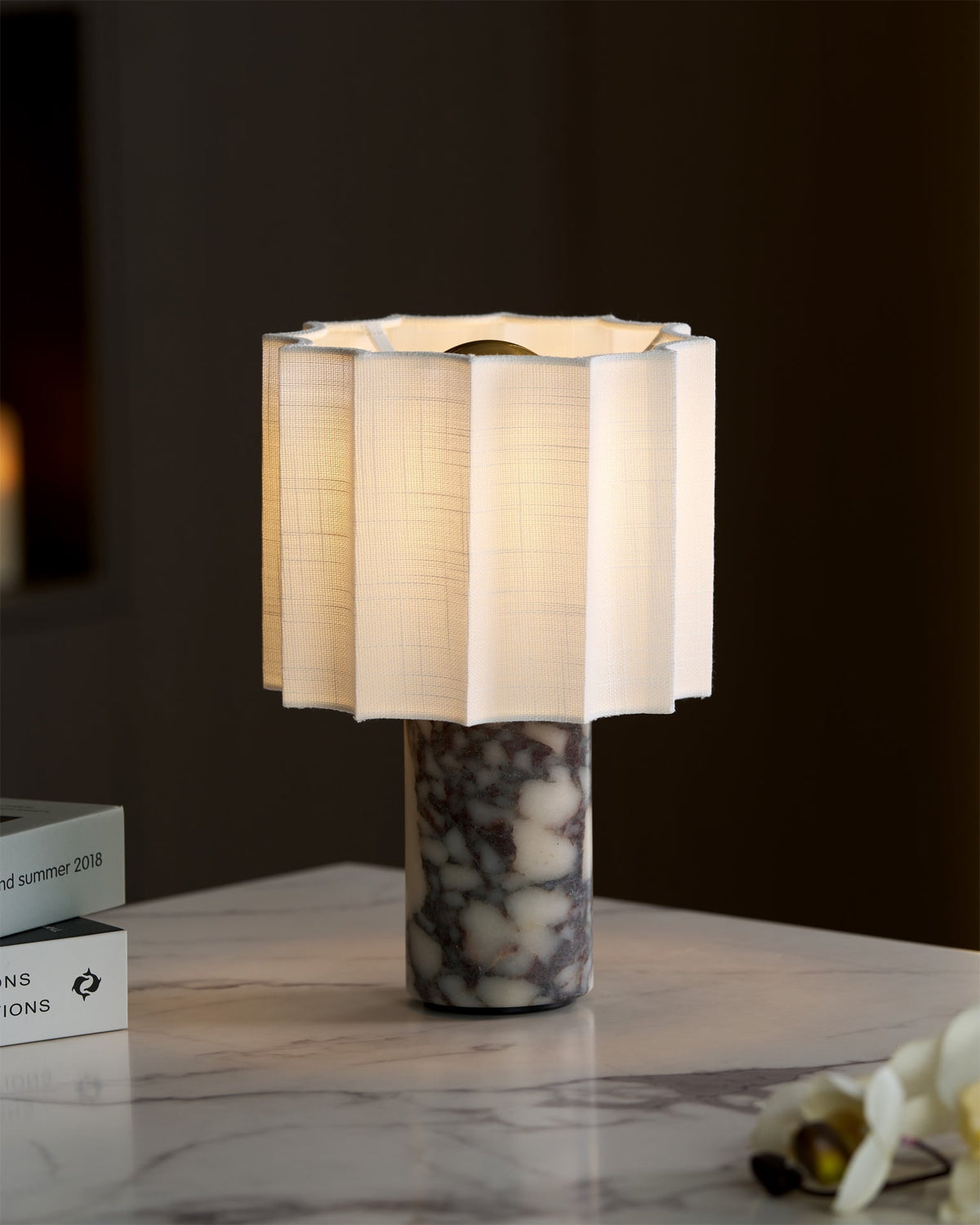 Cordless Marble Accent Lamp with Rechargeable Battery 11-Inch Tall White Beige Fabric Shade LED Desk Light for Bedroom Office Nightstand Por
