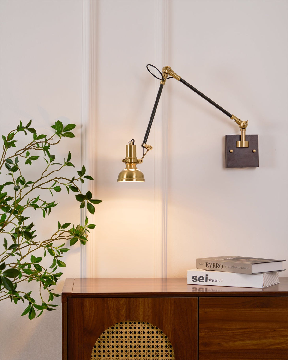 Articulating Wall Sconce Brass & Wood 27 inch Pivoting Arm Task Light for Bedside Reading Office Study Workspace