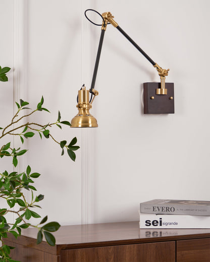 Articulating Wall Sconce Brass & Wood 27 inch Pivoting Arm Task Light for Bedside Reading Office Study Workspace