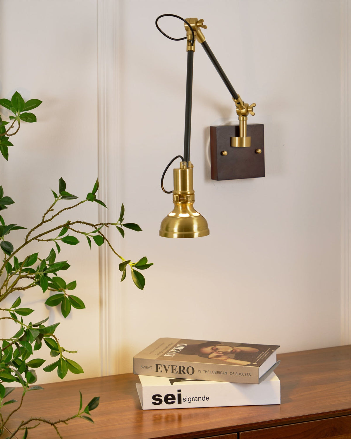 Articulating Wall Sconce Brass & Wood 27 inch Pivoting Arm Task Light for Bedside Reading Office Study Workspace