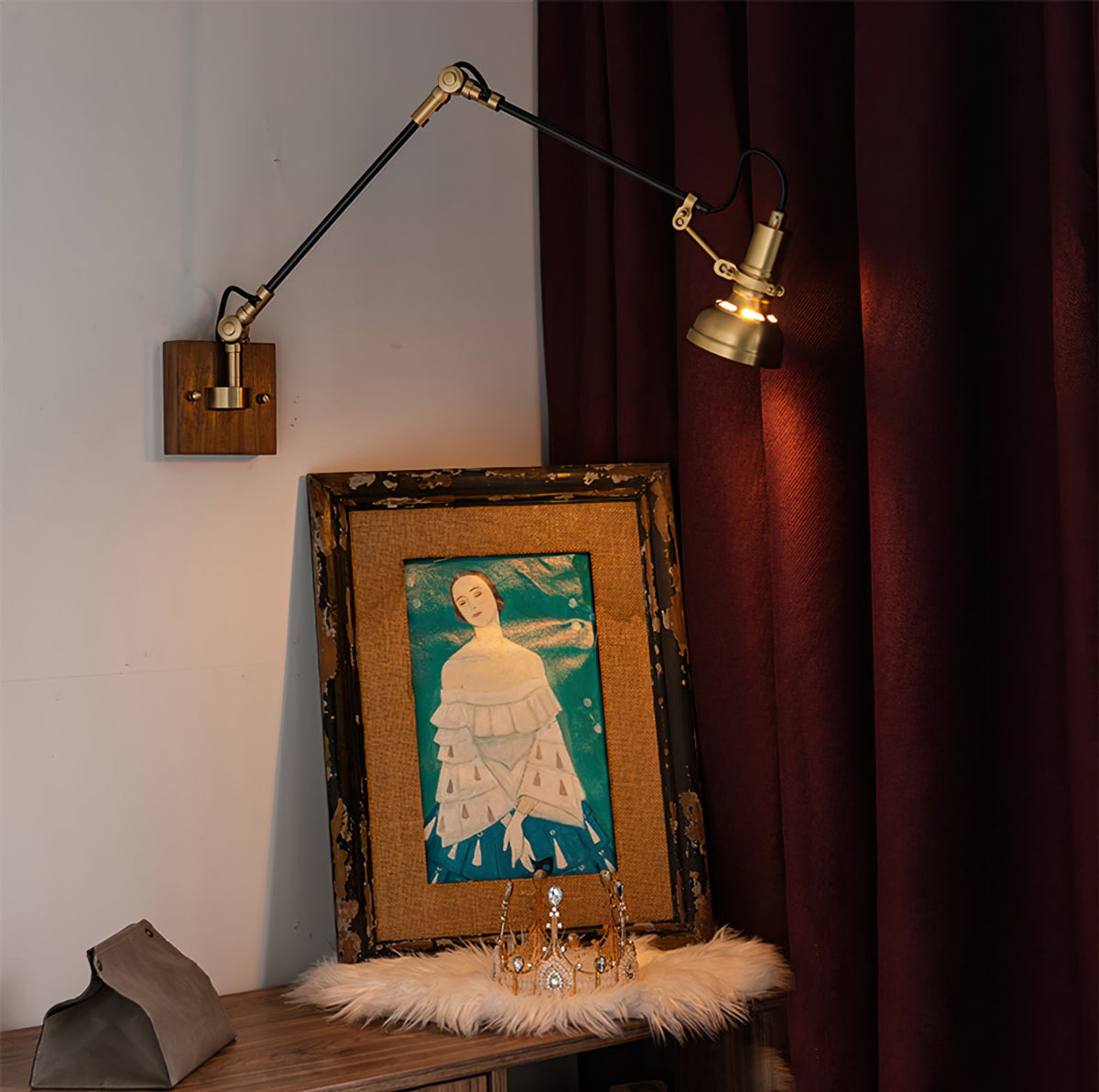Articulating Wall Sconce Brass & Wood 27 inch Pivoting Arm Task Light for Bedside Reading Office Study Workspace
