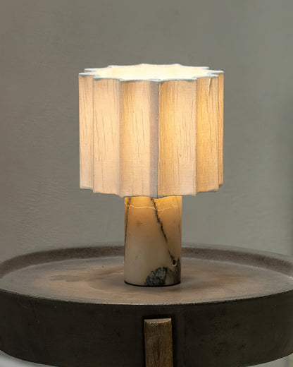 Cordless Marble Accent Lamp with Rechargeable Battery 11-Inch Tall White Beige Fabric Shade LED Desk Light for Bedroom Office Nightstand Por