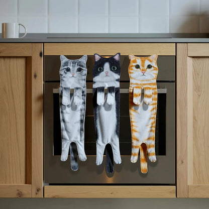 Microfiber Hand Towel with Playful Cat Design & Paw Loop Hanging Tabs for Kitchen & Bathroom
