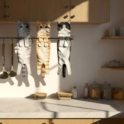 Microfiber Hand Towel with Playful Cat Design & Paw Loop Hanging Tabs for Kitchen & Bathroom