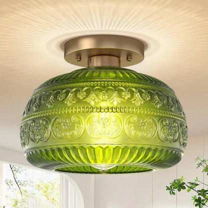 Glass Semi-Flush Ceiling Fixture – 9 in Dome Shade in Amber, Clear or Green for Bedrooms, Entryways & Low Ceilings