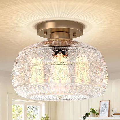 Glass Semi-Flush Ceiling Fixture – 9 in Dome Shade in Amber, Clear or Green for Bedrooms, Entryways & Low Ceilings