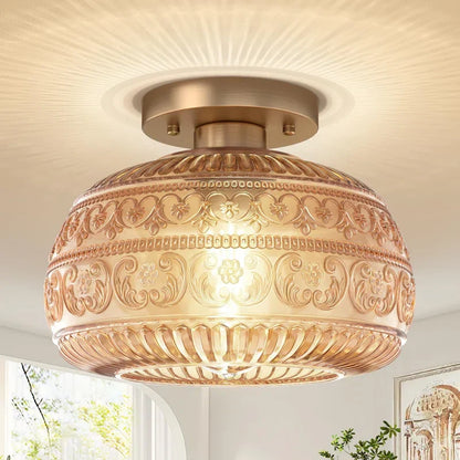 Glass Semi-Flush Ceiling Fixture – 9 in Dome Shade in Amber, Clear or Green for Bedrooms, Entryways & Low Ceilings