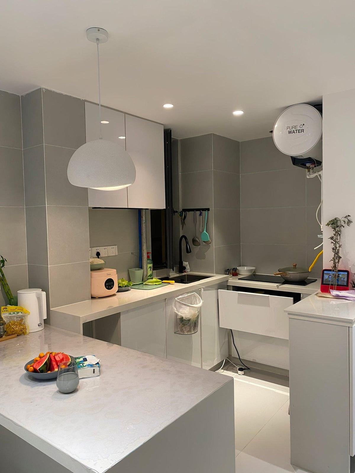 Spherical Hanging Ceiling Light Fixture with Adjustable Drop Length for Kitchen Island Dining Room Bedroom | Gray White LED Compatible Indoo