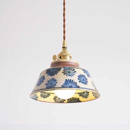 Handcrafted Ceramic Hanging Light with Floral Pattern 7 Inch Adjustable Overhead Fixture for Kitchen Island Dining Table Breakfast Nook Bras