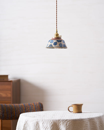 Handcrafted Ceramic Hanging Light with Floral Pattern 7 Inch Adjustable Overhead Fixture for Kitchen Island Dining Table Breakfast Nook Bras