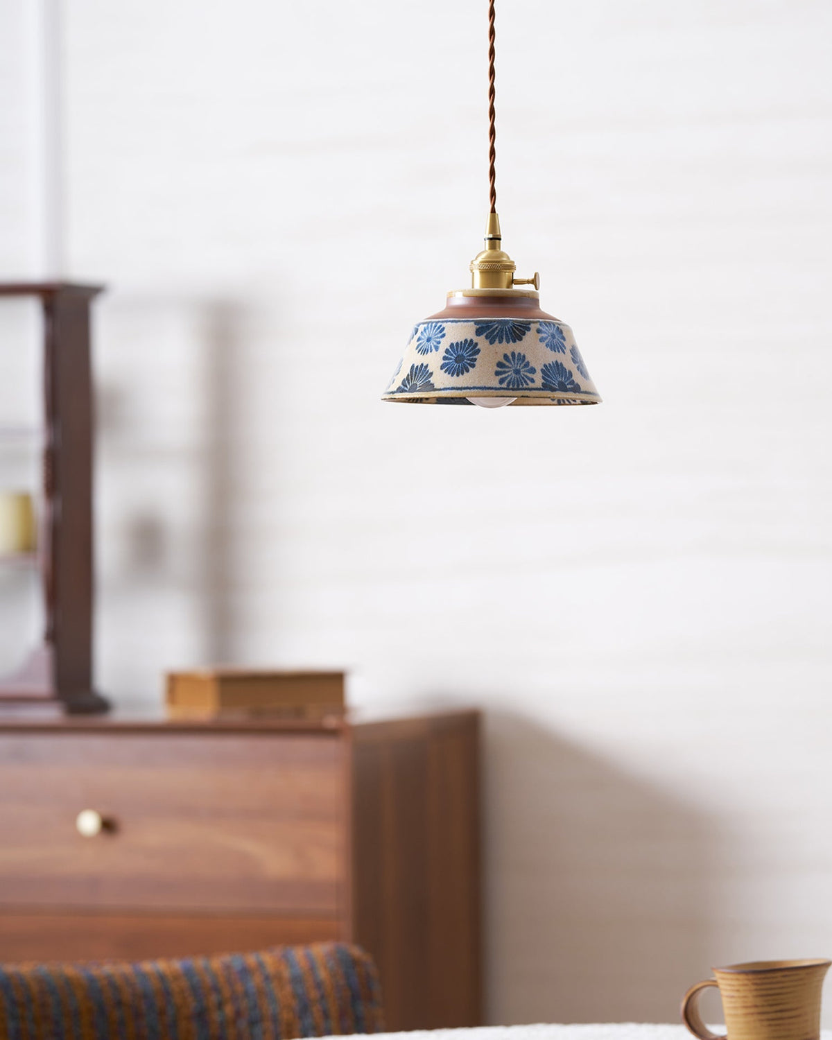 Handcrafted Ceramic Hanging Light with Floral Pattern 7 Inch Adjustable Overhead Fixture for Kitchen Island Dining Table Breakfast Nook Bras