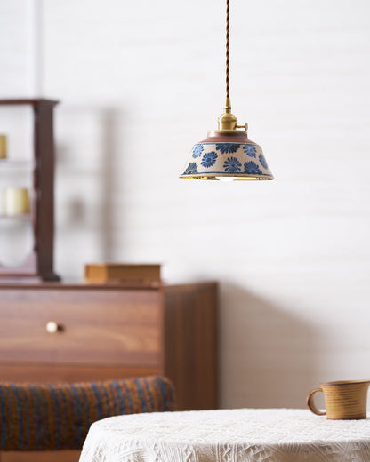 Handcrafted Ceramic Hanging Light with Floral Pattern 7 Inch Adjustable Overhead Fixture for Kitchen Island Dining Table Breakfast Nook Bras