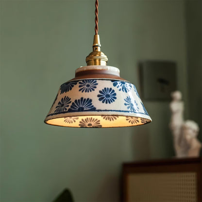 Handcrafted Ceramic Hanging Light with Floral Pattern 7 Inch Adjustable Overhead Fixture for Kitchen Island Dining Table Breakfast Nook Bras