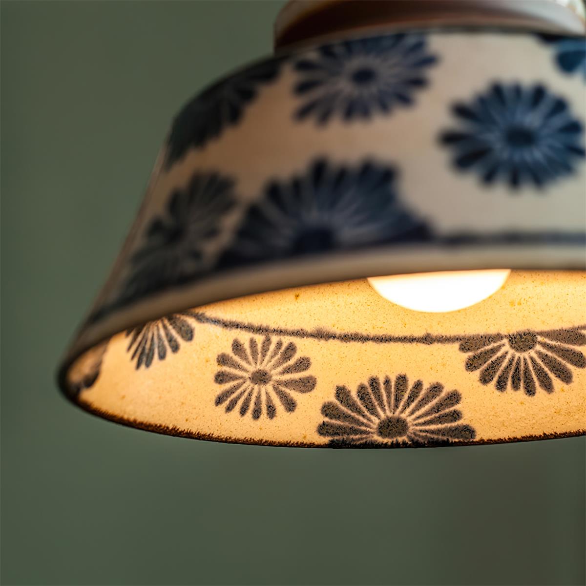 Handcrafted Ceramic Hanging Light with Floral Pattern 7 Inch Adjustable Overhead Fixture for Kitchen Island Dining Table Breakfast Nook Bras