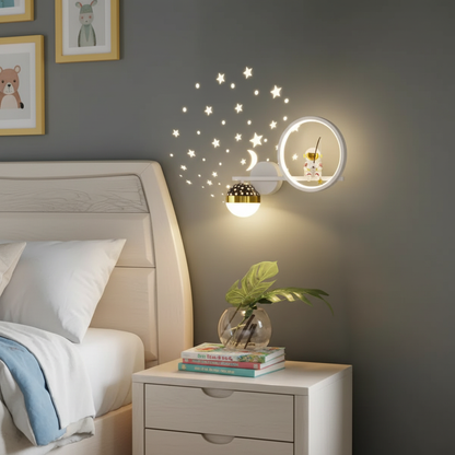 LED Kids Wall Sconce Astronaut Moon Star Night Light Gold White Metal Space Nursery Bedroom Decorative Fixture Boys Girls Reading Corner Pla