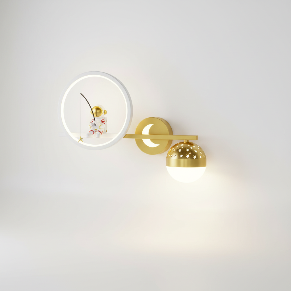 LED Kids Wall Sconce Astronaut Moon Star Night Light Gold White Metal Space Nursery Bedroom Decorative Fixture Boys Girls Reading Corner Pla