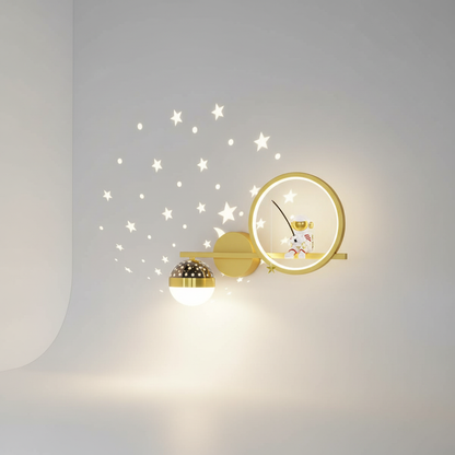 LED Kids Wall Sconce Astronaut Moon Star Night Light Gold White Metal Space Nursery Bedroom Decorative Fixture Boys Girls Reading Corner Pla