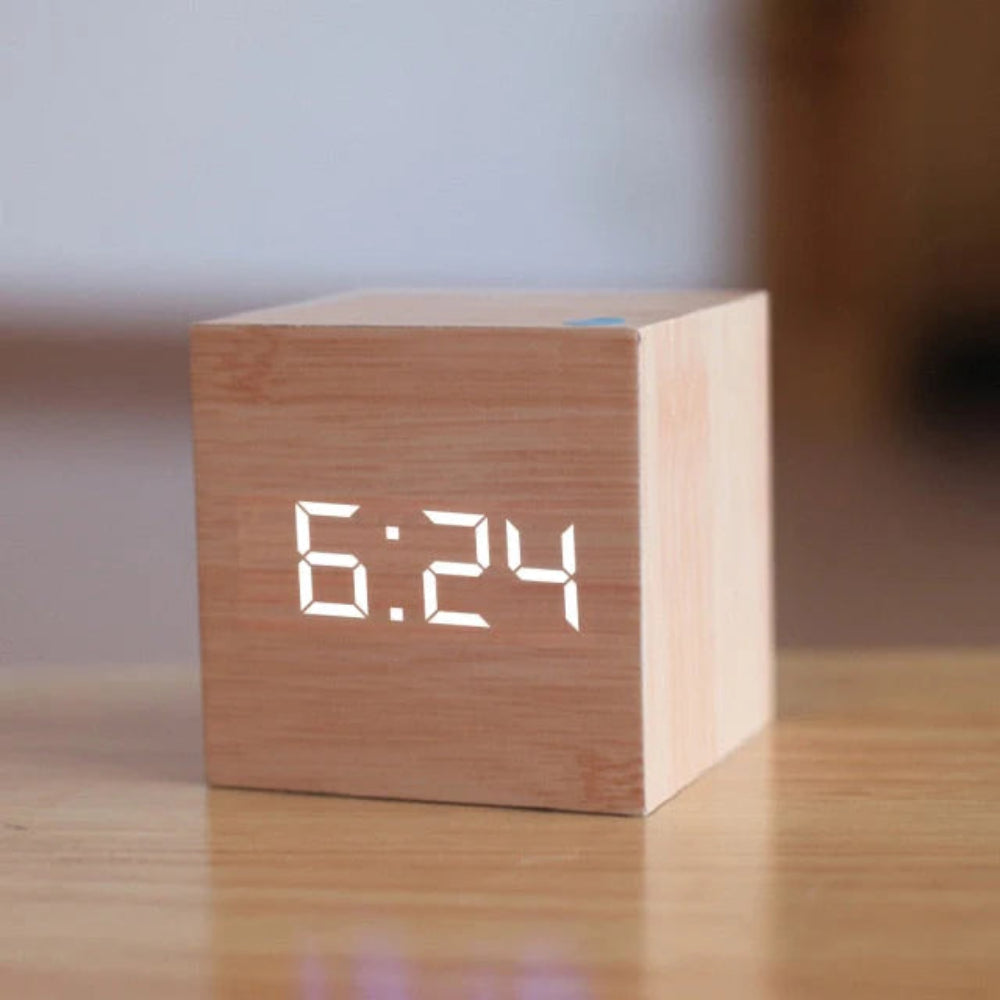 Cube LED Alarm Clock — Wood-Grain Digital Display with Temperature & Date, Auto-Dim Night Mode for Bedroom, Office & Kitchen