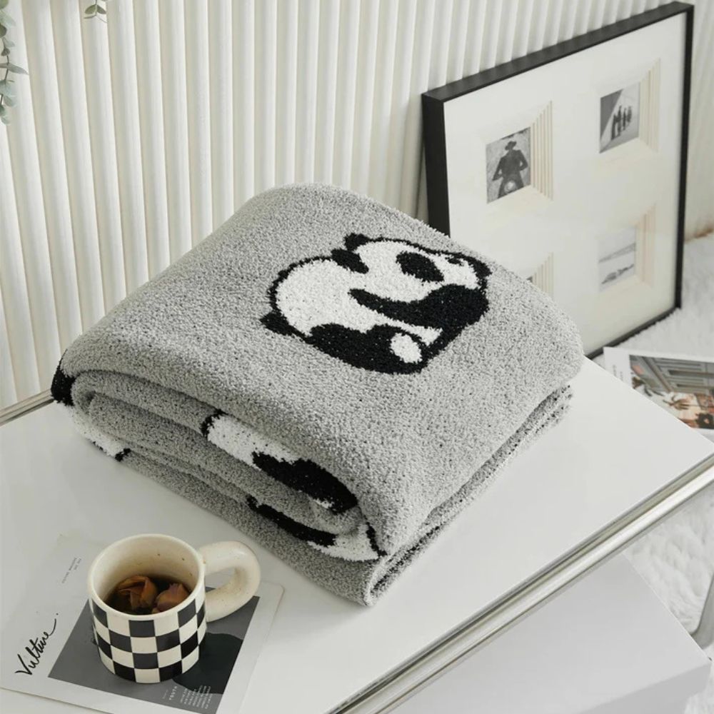 Kora Panda Throw Blanket - Cotton Jacquard Knit, Cozy Panda Design