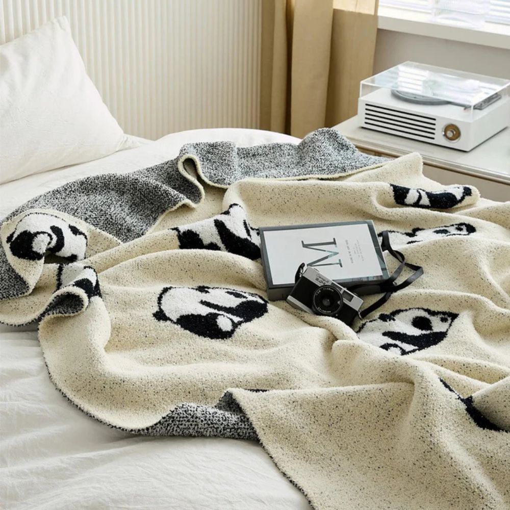 Kora Panda Throw Blanket - Cotton Jacquard Knit, Cozy Panda Design