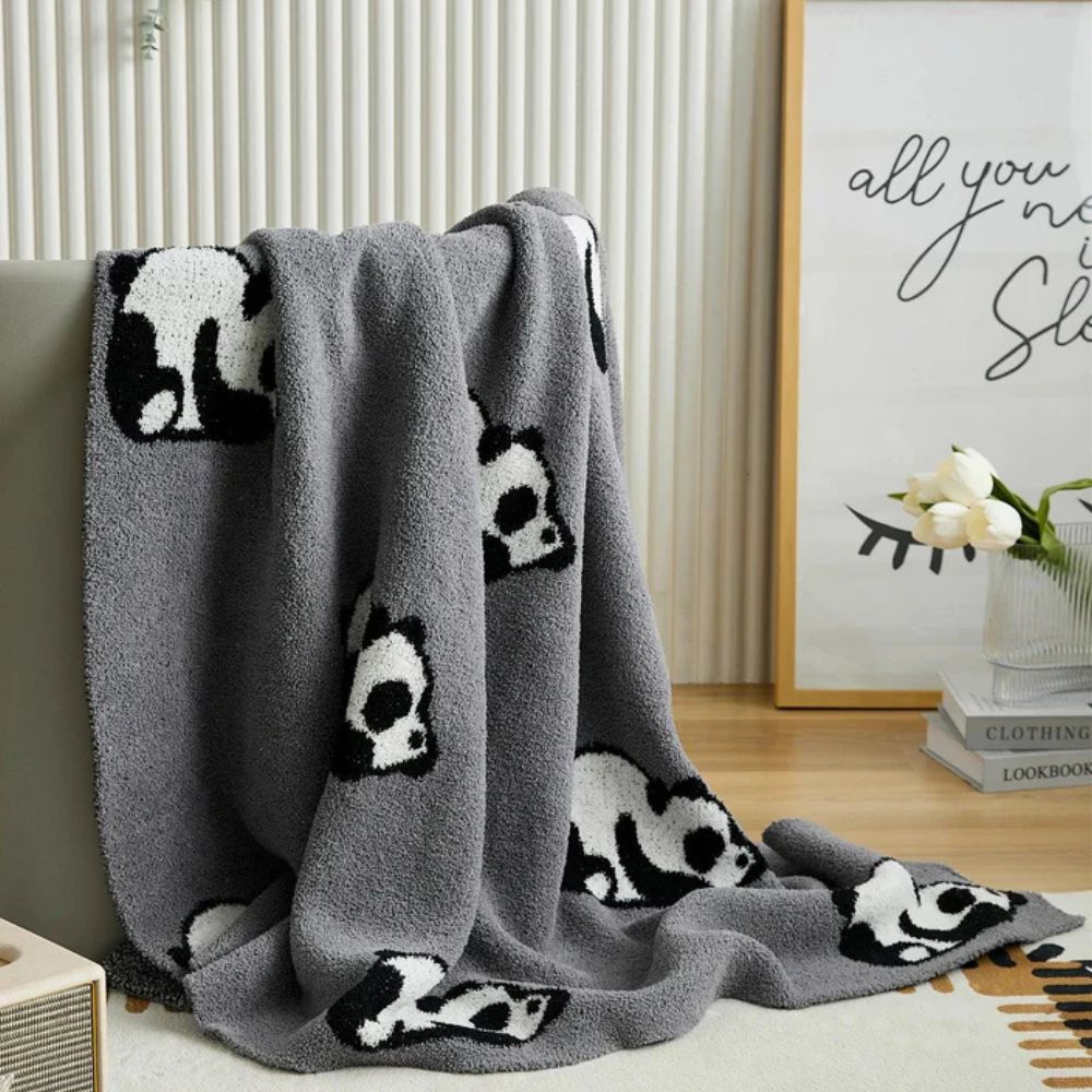 Kora Panda Throw Blanket - Cotton Jacquard Knit, Cozy Panda Design