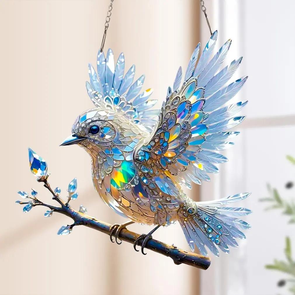 Prism Bird Window Ornament - Rainbow Light Catcher Suncatcher for Home Windows, Crystal Effect Acrylic Decoration 6x6 or 8x8 Inch