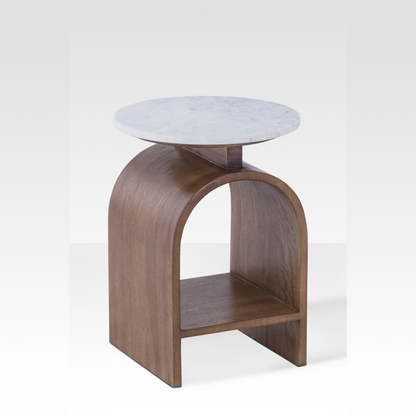 Marble Side Table with Walnut Base – Modern End Table for Living Room, Elegant Design with Integrated Shelf