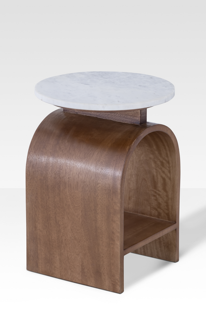 Marble Side Table with Walnut Base – Modern End Table for Living Room, Elegant Design with Integrated Shelf