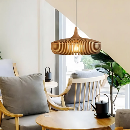 Wooden Hanging Lamp 17 inch Natural Grain Open Frame for Kitchen Island Dining Table Warm Ambient Ceiling Fixture Modern Minimalist
