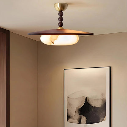 Wood Flush Mount LED Ceiling Light 14 Inch Round with Alabaster Diffuser for Bedroom Hallway Living Room Modern Brass Accent Fixture Warm Am