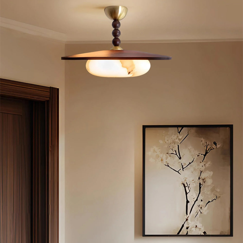 Wood Flush Mount LED Ceiling Light 14 Inch Round with Alabaster Diffuser for Bedroom Hallway Living Room Modern Brass Accent Fixture Warm Am