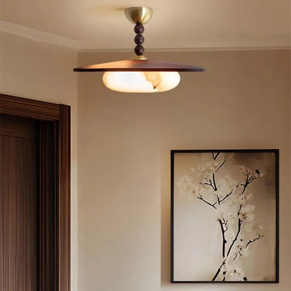 Wood Flush Mount LED Ceiling Light 14 Inch Round with Alabaster Diffuser for Bedroom Hallway Living Room Modern Brass Accent Fixture Warm Am