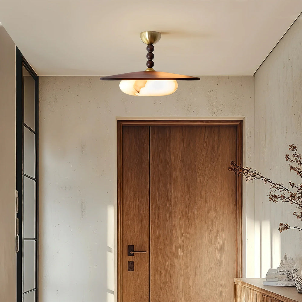 Wood Flush Mount LED Ceiling Light 14 Inch Round with Alabaster Diffuser for Bedroom Hallway Living Room Modern Brass Accent Fixture Warm Am
