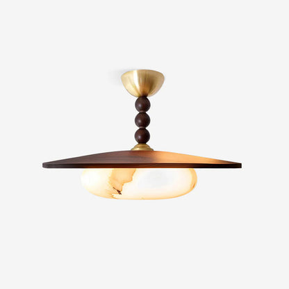 Wood Flush Mount LED Ceiling Light 14 Inch Round with Alabaster Diffuser for Bedroom Hallway Living Room Modern Brass Accent Fixture Warm Am