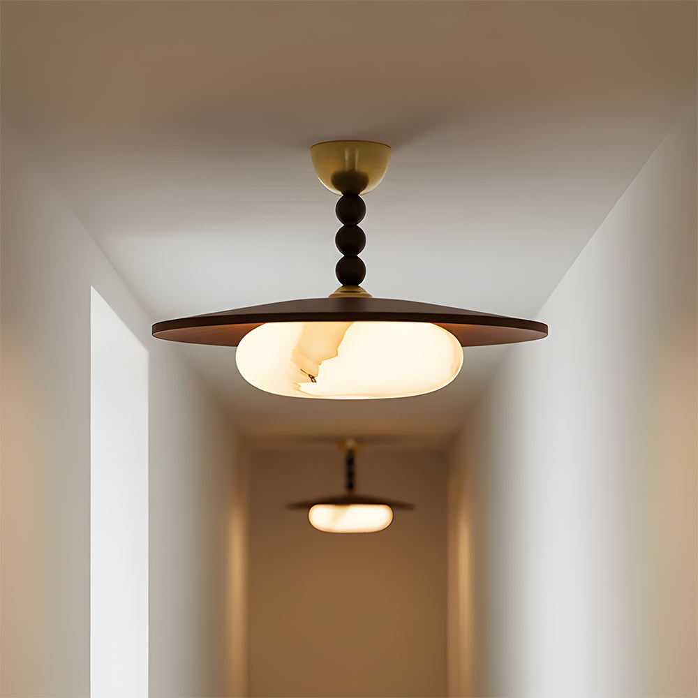 Wood Flush Mount LED Ceiling Light 14 Inch Round with Alabaster Diffuser for Bedroom Hallway Living Room Modern Brass Accent Fixture Warm Am
