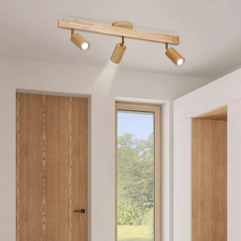 Wooden LED Track Lighting Fixture Natural Finish Adjustable Spots Ceiling Wall Mount Rail Light 7 to 47 Inch Modern Linear Spotlight Bar Din