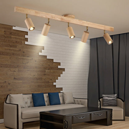 Wooden LED Track Lighting Fixture Natural Finish Adjustable Spots Ceiling Wall Mount Rail Light 7 to 47 Inch Modern Linear Spotlight Bar Din