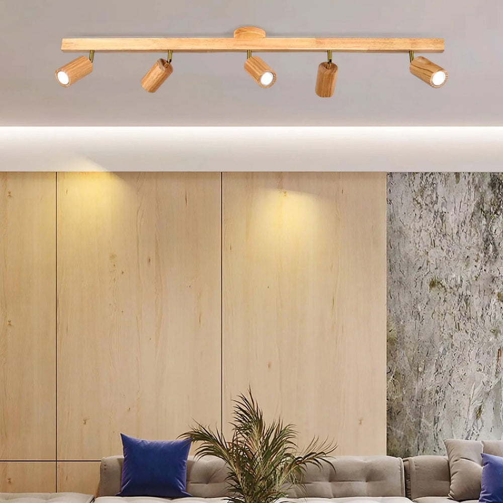 Wooden LED Track Lighting Fixture Natural Finish Adjustable Spots Ceiling Wall Mount Rail Light 7 to 47 Inch Modern Linear Spotlight Bar Din