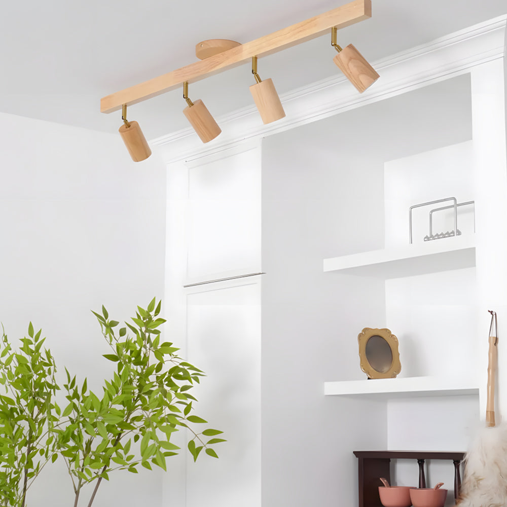 Wooden LED Track Lighting Fixture Natural Finish Adjustable Spots Ceiling Wall Mount Rail Light 7 to 47 Inch Modern Linear Spotlight Bar Din