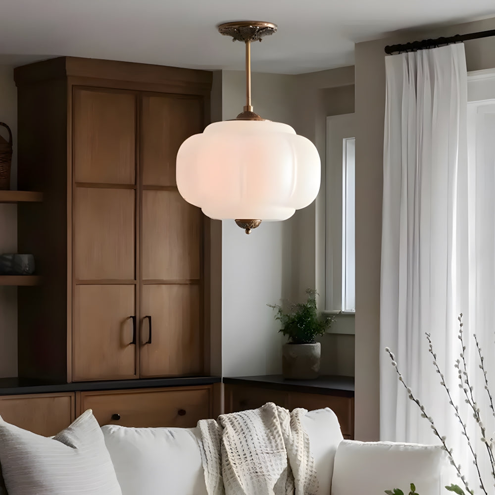 Ribbed Glass Globe Hanging Fixture with Warm Amber Tone & Antique Brass Hardware for Dining Room Kitchen Entry