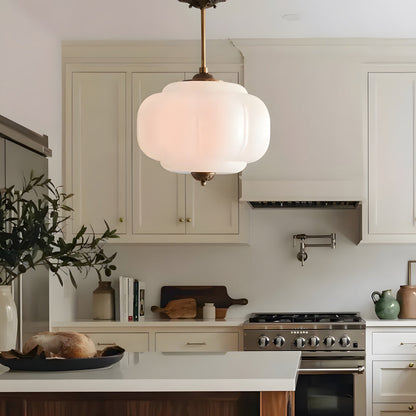 Ribbed Glass Globe Hanging Fixture with Warm Amber Tone & Antique Brass Hardware for Dining Room Kitchen Entry