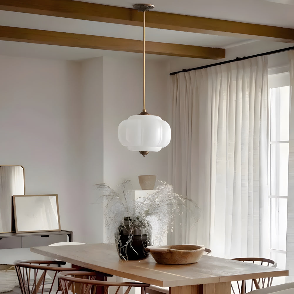 Ribbed Glass Globe Hanging Fixture with Warm Amber Tone & Antique Brass Hardware for Dining Room Kitchen Entry