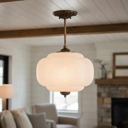 Ribbed Glass Globe Hanging Fixture with Warm Amber Tone & Antique Brass Hardware for Dining Room Kitchen Entry